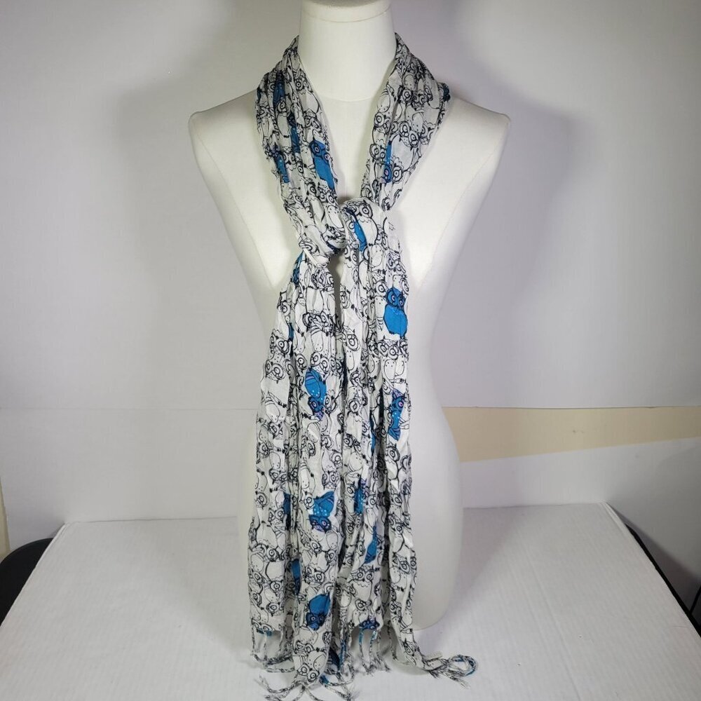 Talbots Lightweight White & Blue Scarf With Owl Print